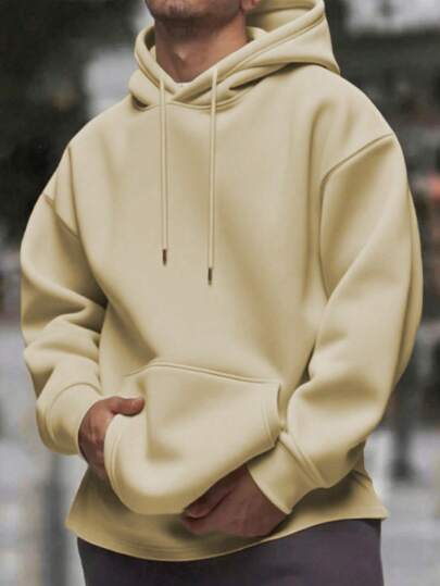 Mens Solid-Color Drop-Shoulder Long-Sleeve Hoodie