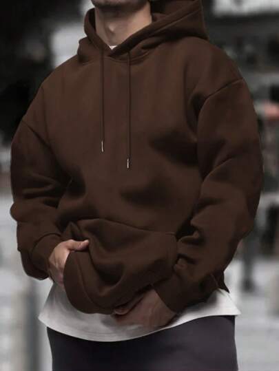 Mens Solid-Color Drop-Shoulder Long-Sleeve Hoodie